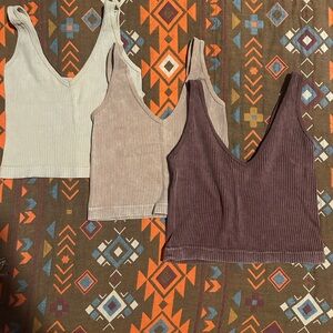 Aura Ribbed V-Neck Crop Top - Cream, Tan, Brown